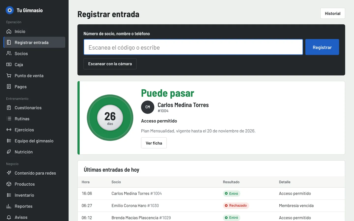 Registro de entrada: acceso permitido con los días que le quedan al socio