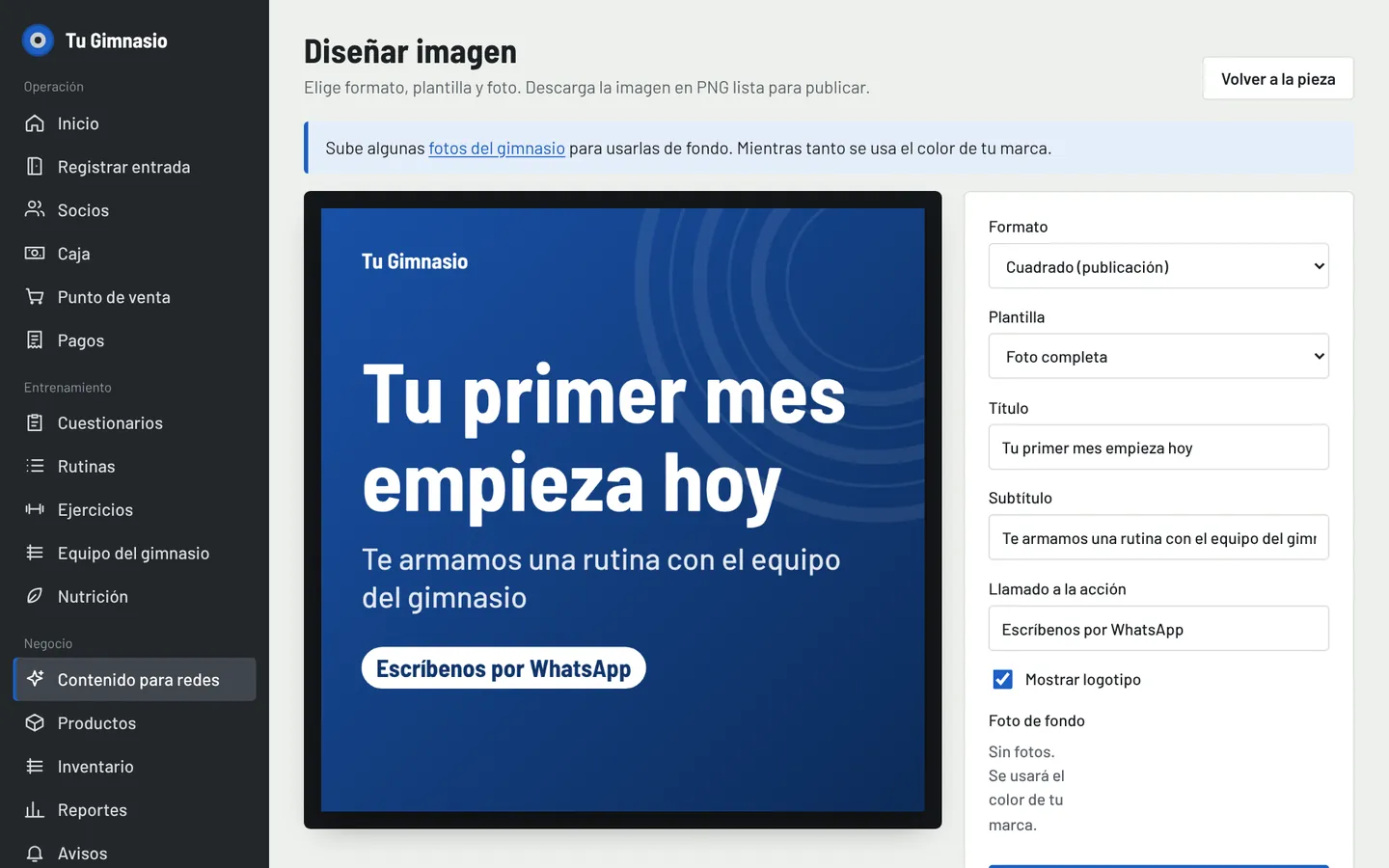 Estudio de contenido: diseño de una publicación con el logo del gimnasio