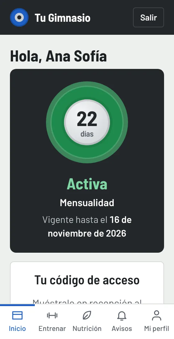 Portal del socio de un gimnasio con su nombre y color azul