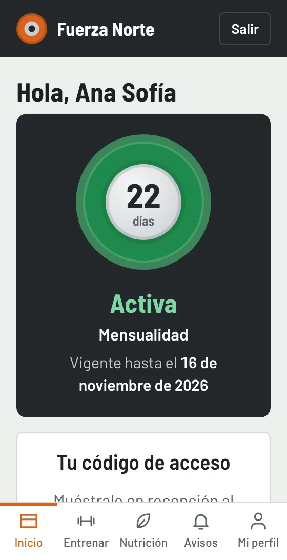 El mismo portal en otro gimnasio, Fuerza Norte, con su nombre y color naranja