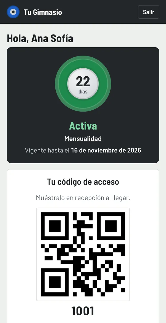 Portal del socio en el celular: días de membresía restantes y su código QR de acceso