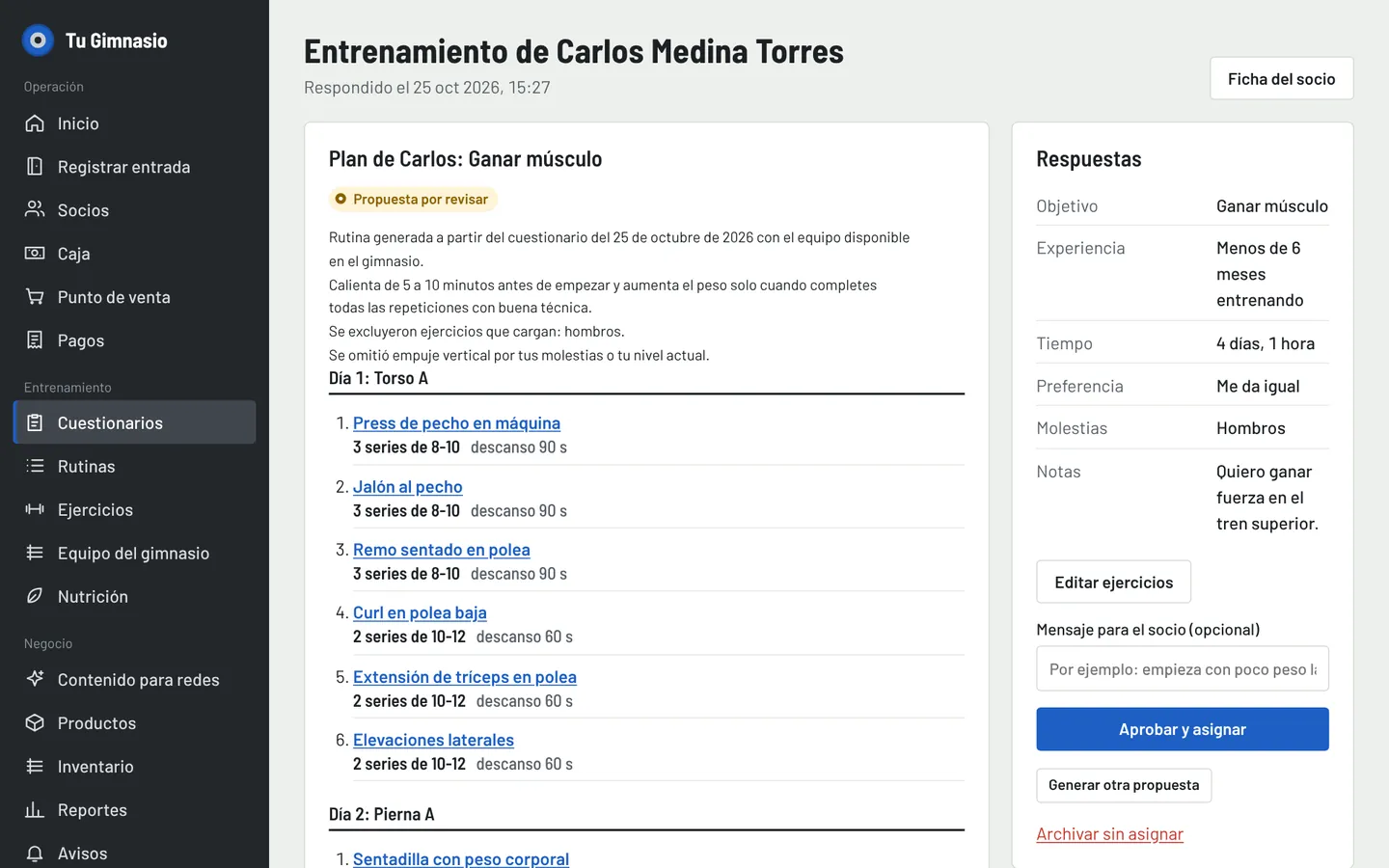 Rutina de cuatro días generada a partir del cuestionario de un socio