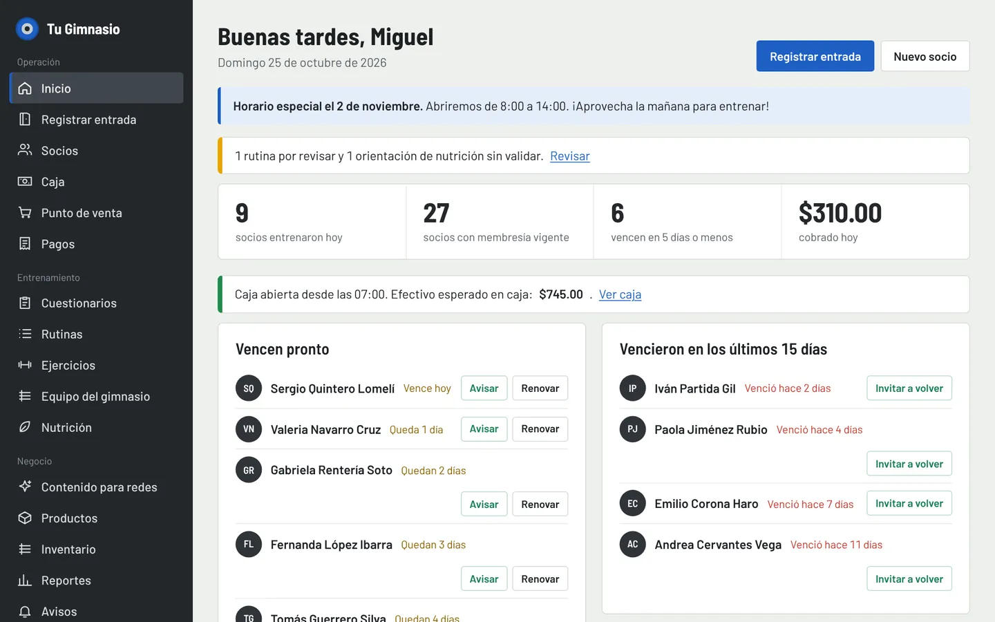 Tablero de CircuitoGym: socios que entrenaron hoy, membresías vigentes, quién vence pronto y quién venció
